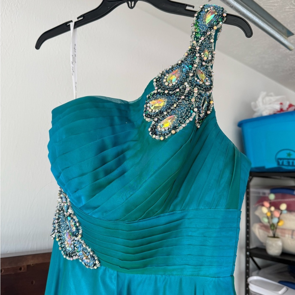 Night Moves Teal One-Shoulder Dress with Jewel Accents